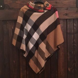 British plaid red black tan poncho shawl
